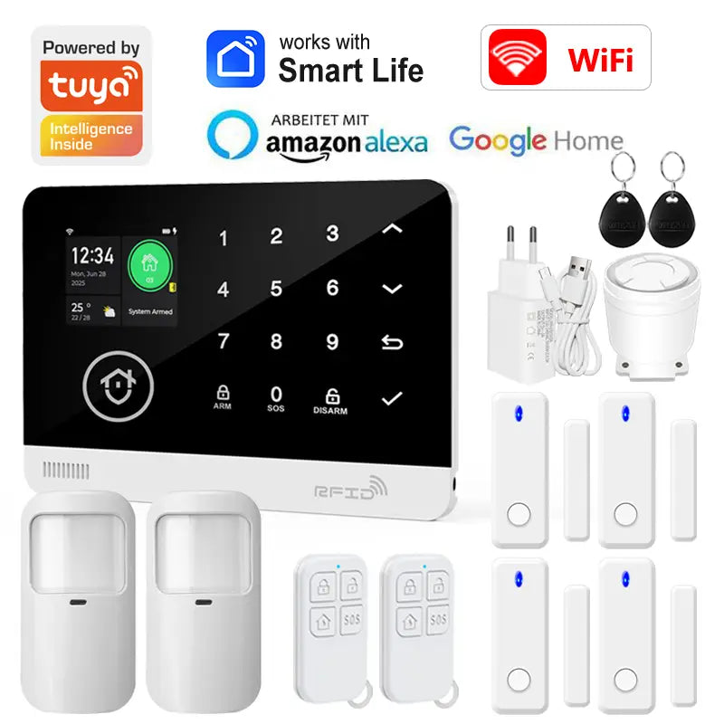 Panneau rectangulaire blanc de sécurité pour maison intelligente avec écran tactile et pavé numérique, portant la mention RFID de marque, pour le système d’alarme Tuya, compatible avec l’application Smart Life.