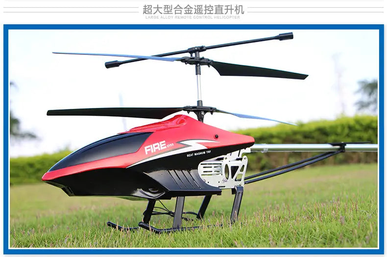 Helicóptero teledirigido de aleación rojo y negro con acentos plateados, con tamaño de 80 cm y batería de litio para un tiempo de carga óptimo y un rendimiento de vuelo