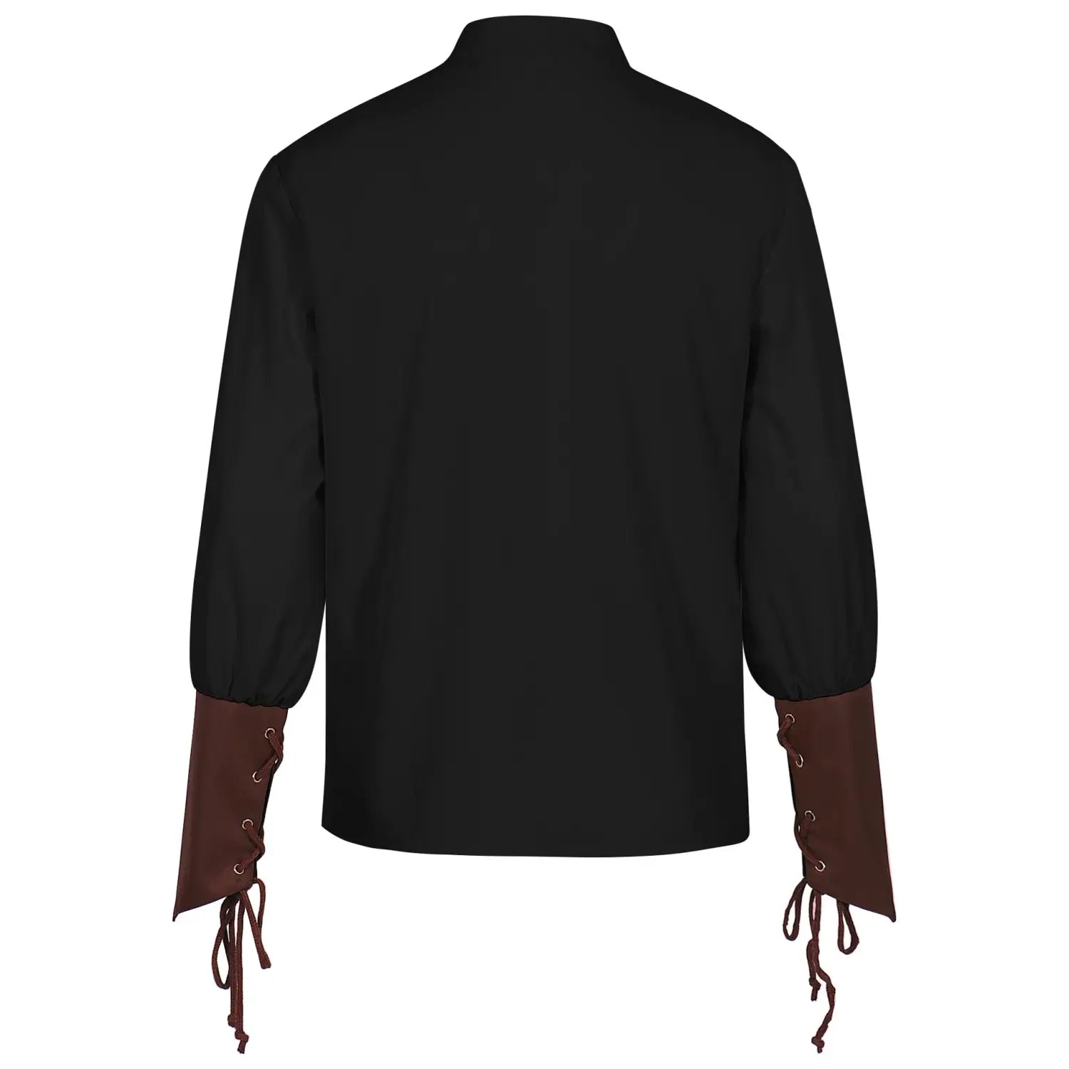 Mens pirate medieval renaissance lace up shirt in black with brown lace-up cuffs visible from the front.