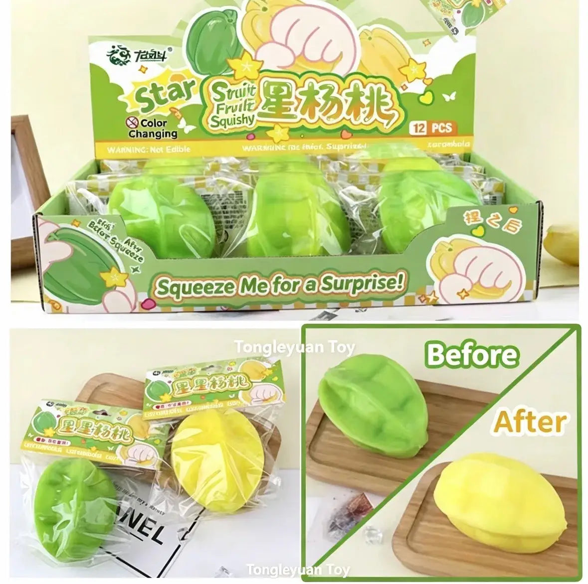 Juguetes blandos de fruta estrella que cambia de temperatura en color verde y amarillo, con un envasado temático con caricaturas y de material suave, para aliviar el estrés y el juego sensorial.