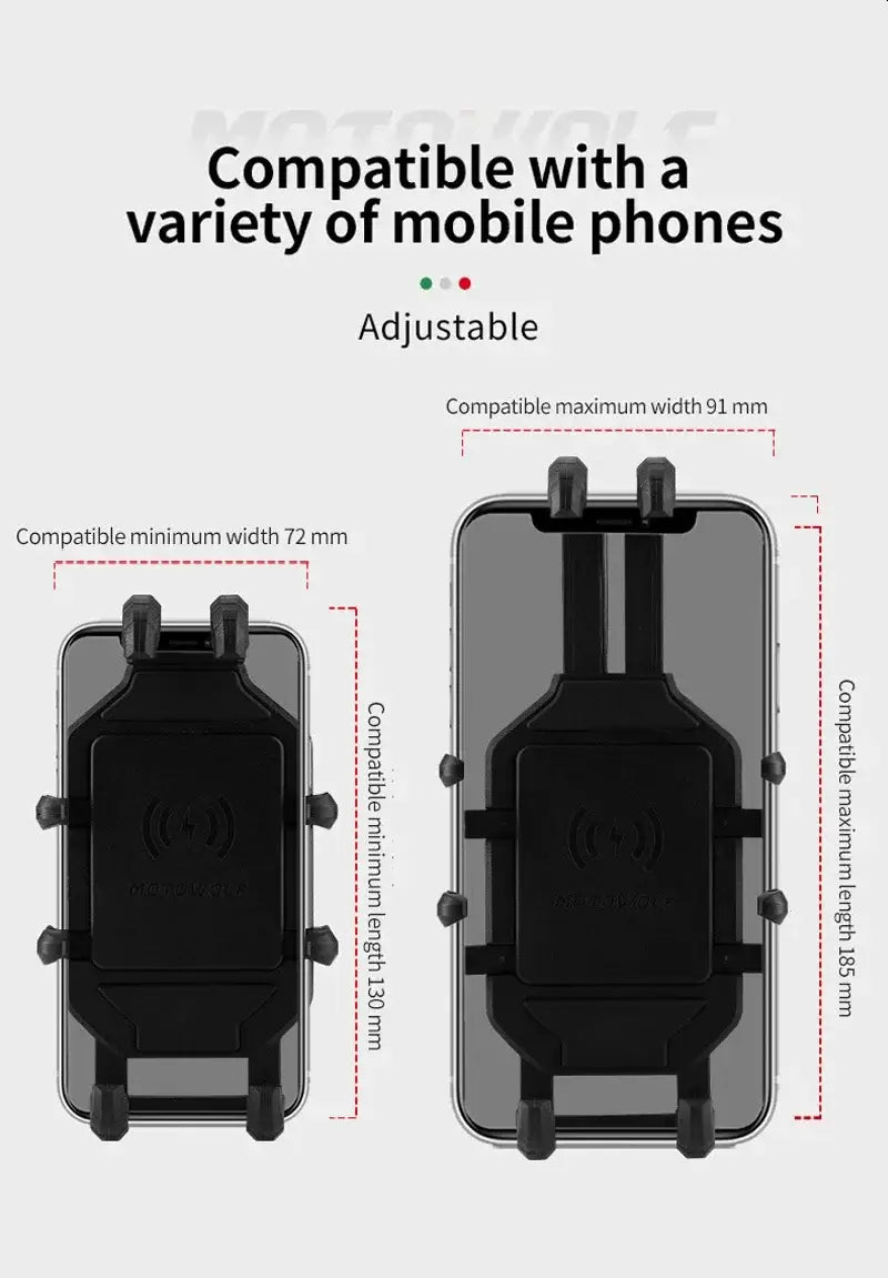 Black adjustable motorcycle wireless charging phone mount with sleek minimalist design and sturdy clamps for secure holding.