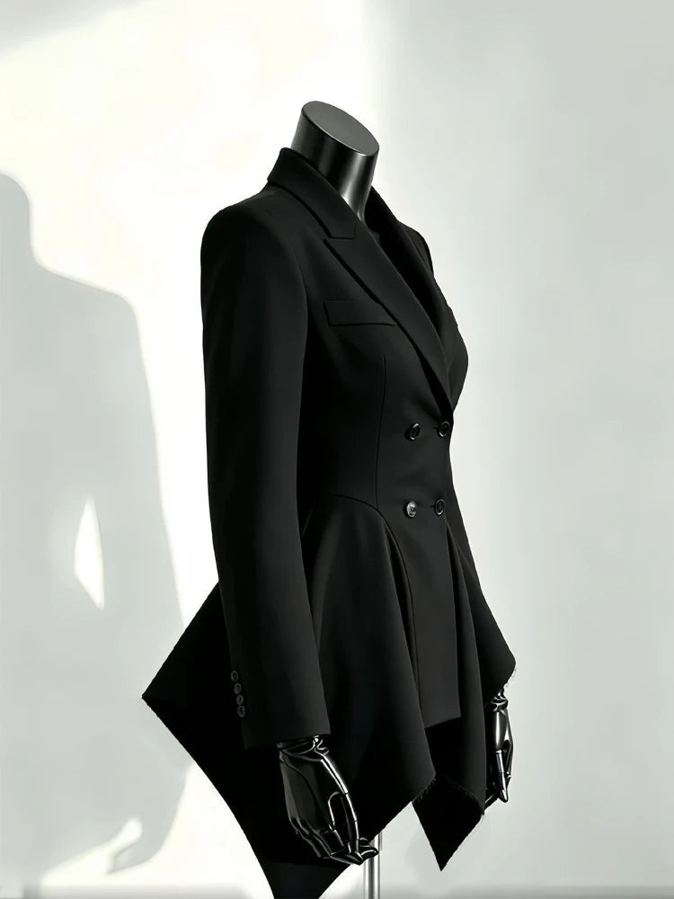 Elegant Autumn Unique Black Blazer Jacket Women Korean Fashion Double Breasted Waist Cinched Irregular Hem Office Casual Outfit