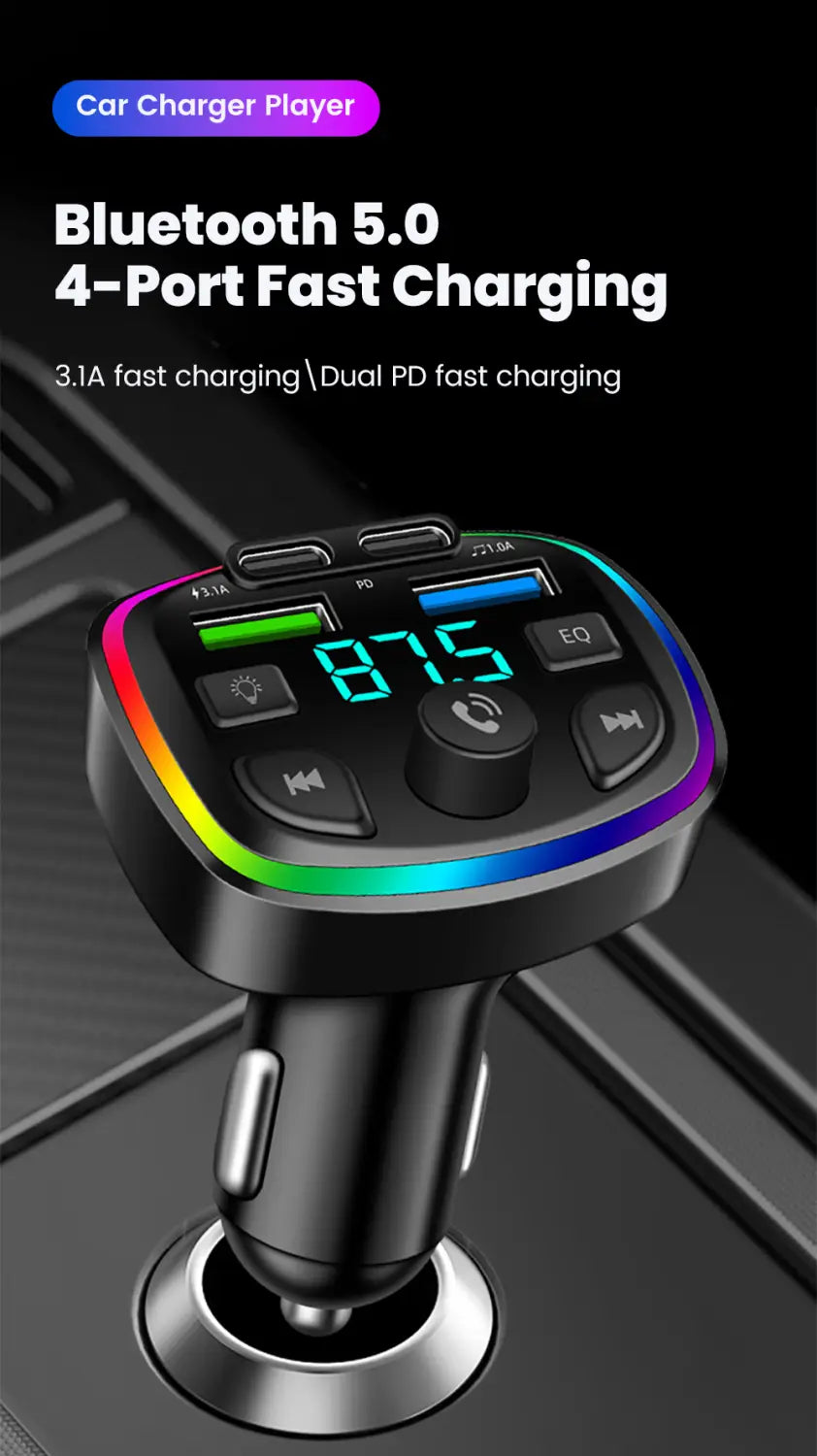black bluetooth fm transmitter car charger with rainbow led light ring, four usb ports for fast charging, and bluetooth 5.0 connectivity