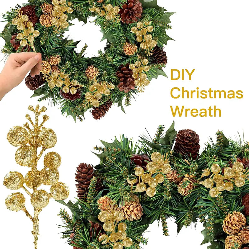 A festive flower bouquet christmas decoration featuring green artificial pine branches with glittery gold and brown decorative berries and textured pinecones as part of a 20pcs christmas decoration glitter set.