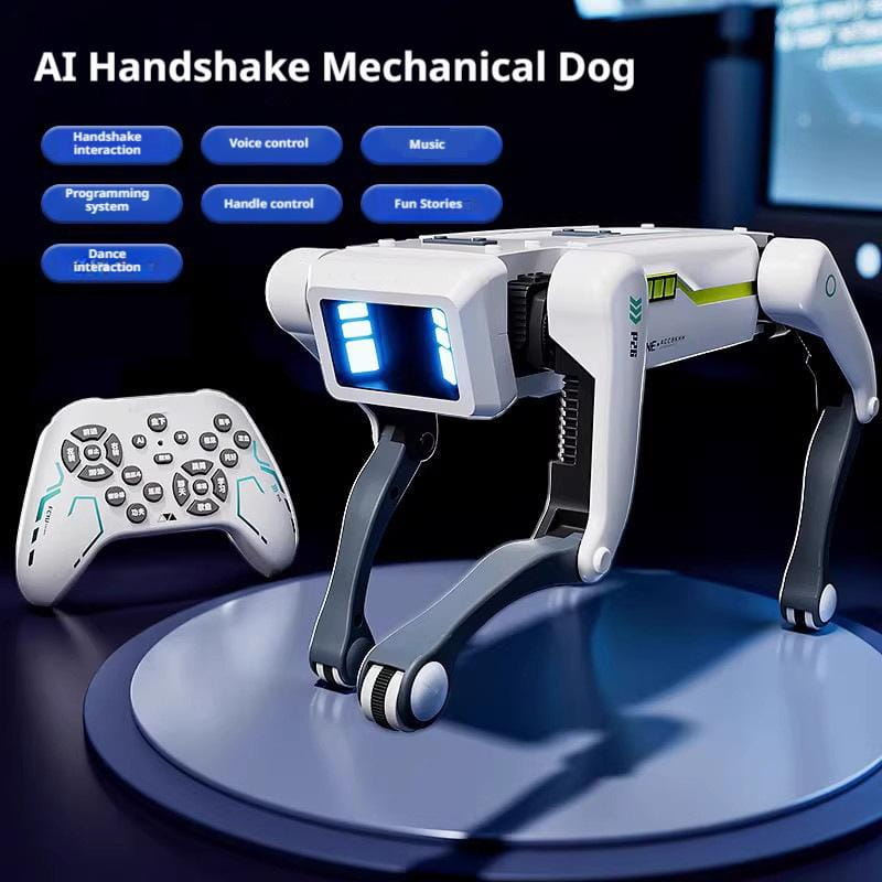 関節のある手足と青色のLED表示を備え、対話型の音声操作ロボット犬用スマート玩具として設計された、白色と灰色の模擬ロボット犬