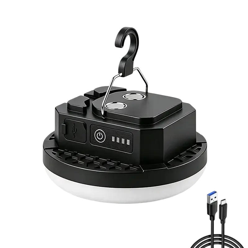 Black and white portable led camping ceiling light with hook usb ports power indicators and blue light for tent use