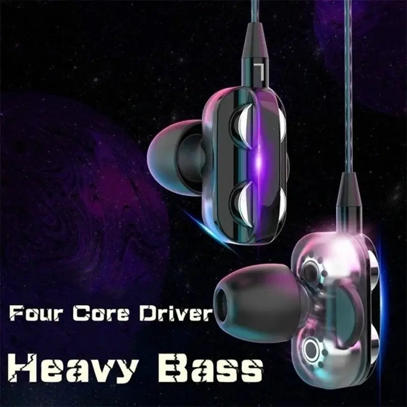 Écouteurs intra-auriculaires cuffie cablate à double cœur incrusté violet et noir, avec finition métallique élégante et microphone intégré pour un son stéréo de basses.