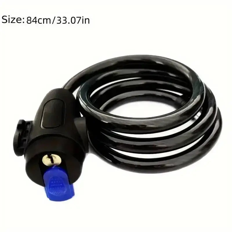 Black coiled heavy duty motorcycle chain lock with blue key and black plastic housing designed for anti theft bike security.