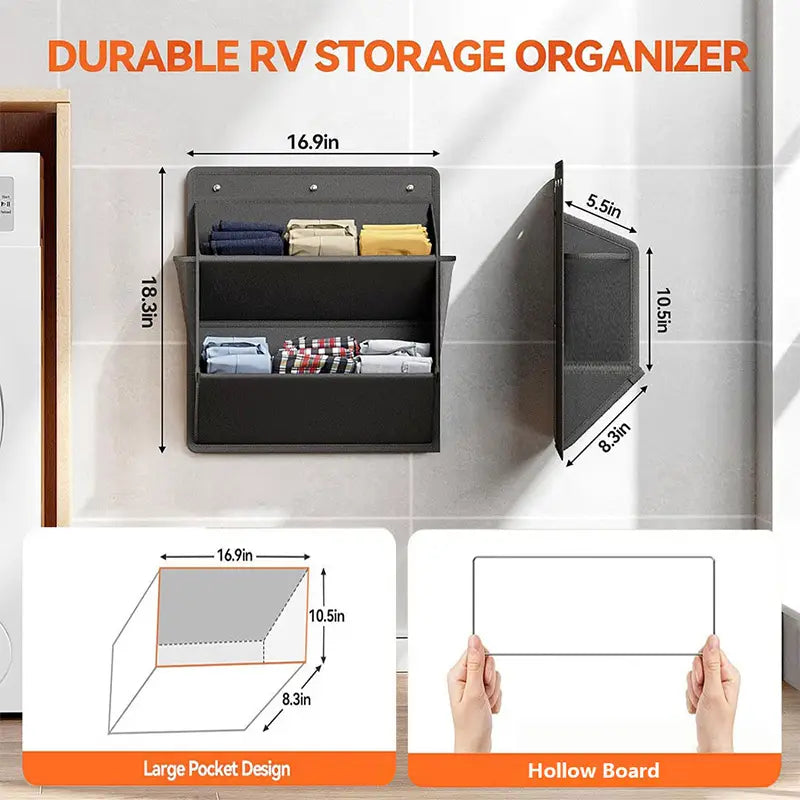 Black durable foldable shoe storage hanger with three compartments and hollow board design for rv and wardrobe organization.