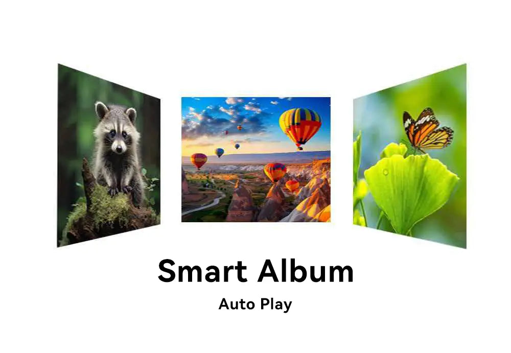 smart album interface displaying three vibrant high-resolution photographic panels on wifi weather clock wireless charger desk stand in sleek black design.