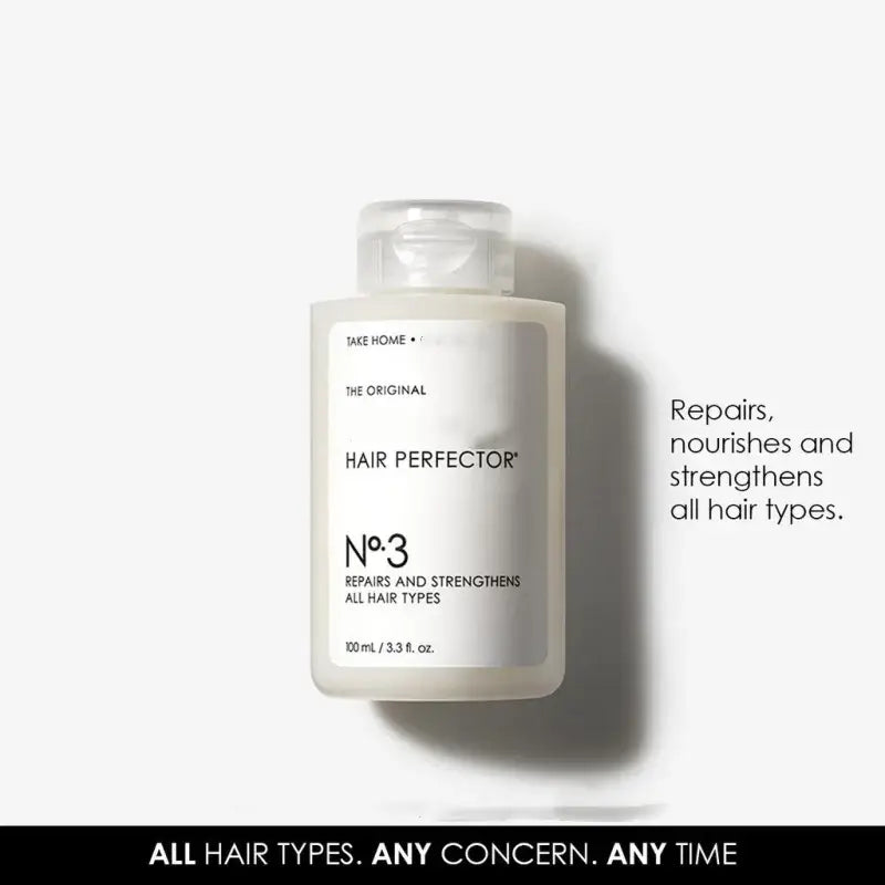 a sleek translucent white bottle of the original hair perfector no3 hair treatment with a minimalist label and clear cap from the hair care series control frizz repair for frizz repair split ends.