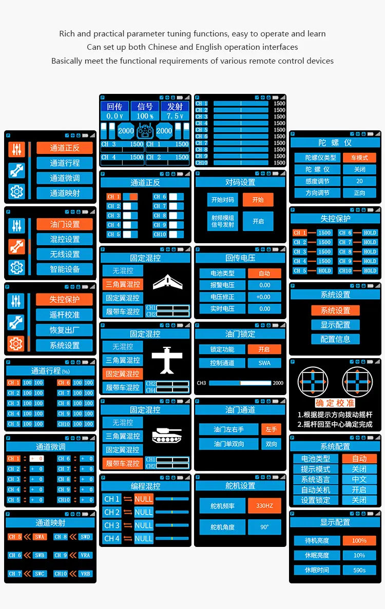 Blaue digitale Schnittstellen-Panel mit chinesischem und englischem Text zur Anzeige verschiedener Geräteeinstellungen der Fernsteuerung am Hotrc HT 10A 10-Kanal-Sender mit F 10A-Empfänger.