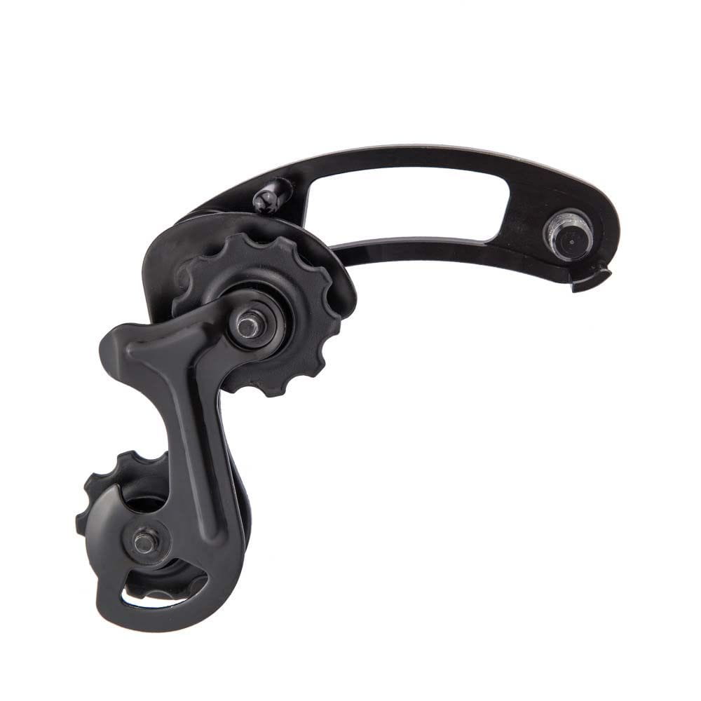 black metal aluminium alloy bike chain tensioner stabilizer shown from the back side with sleek curved design and gear compatible components.