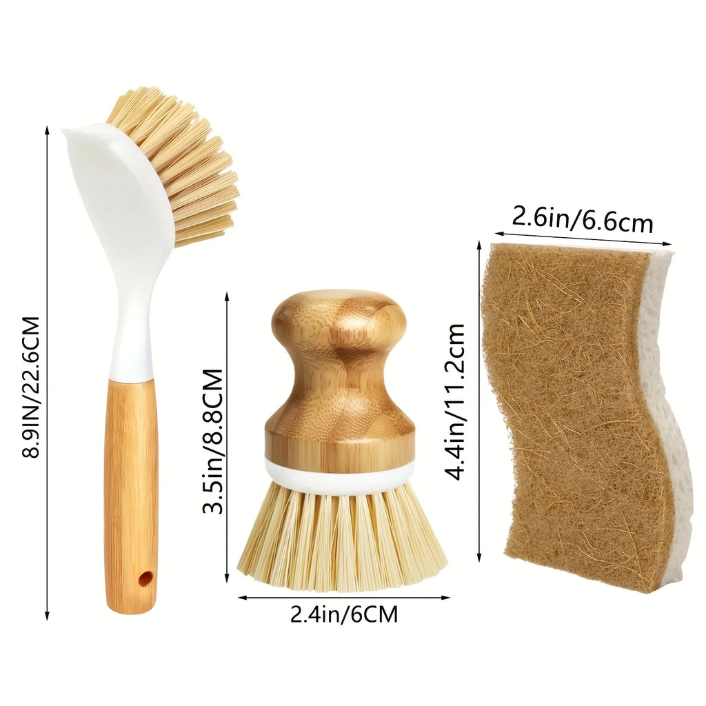 Kitchen Sponge Dish Brush, Bamboo Dish Brush, Bottle Brush, Wooden Palm Basin Brush, Cleaning Brush with Sisal Brushing
