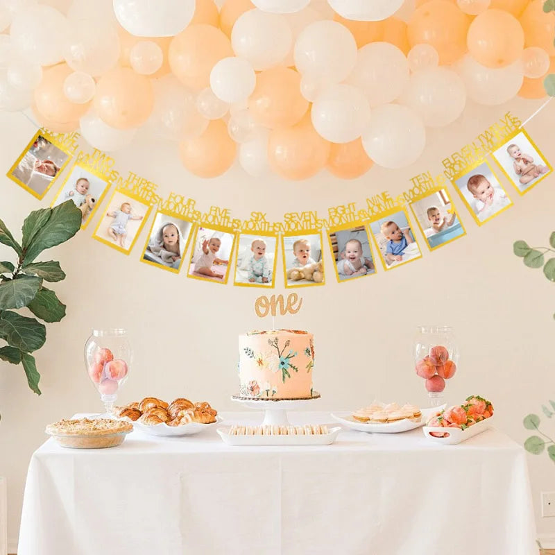 Birthday Baby One Year 12 Months Photo Banner Boy Girl 1 Year First Birthday Party Picture Photo Frame Garland Anniversary Decor