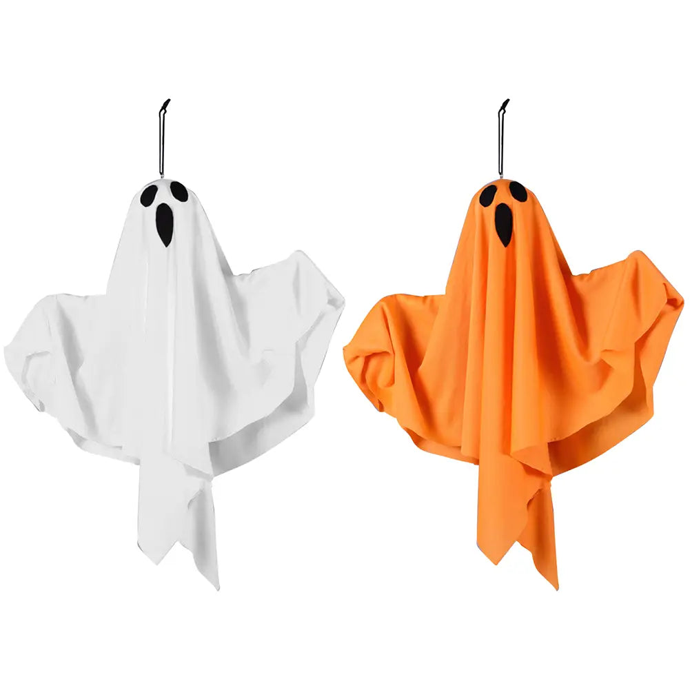 led hanging ghost halloween decoration featuring white and orange fabric ghosts with black eye and mouth cutouts hanging from metal hooks.