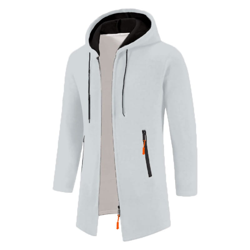 Sudadera con cremallera extragrande para hombre en gris claro con forro interior negro y tiradores de cremallera color naranja, diseñada para uso en clima frío.