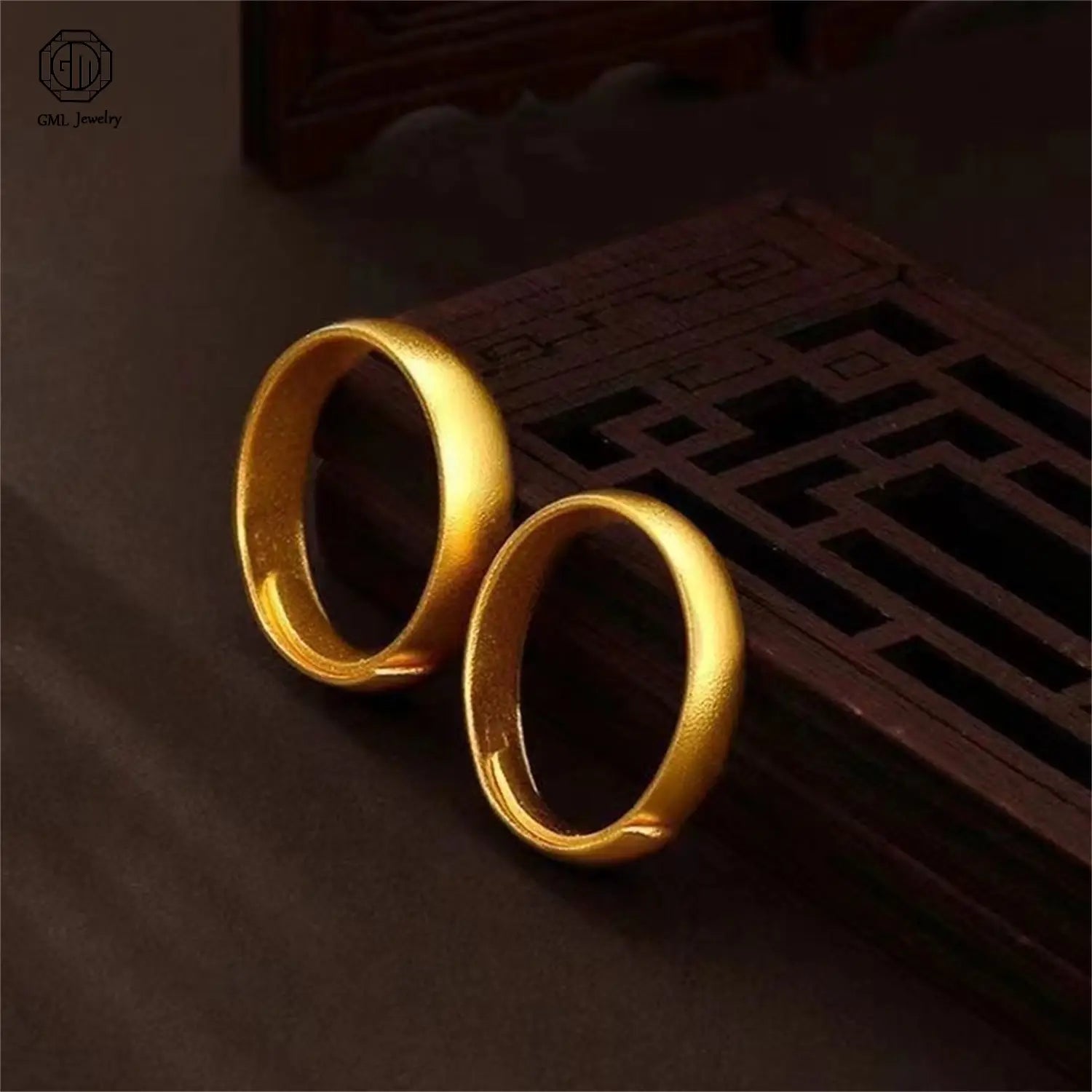 two elegant solid gold wedding bands with a smooth slightly textured finish in sand gold adjustable matte wide band design featuring a fade resistant gold adjustable ring suitable for unisex wear