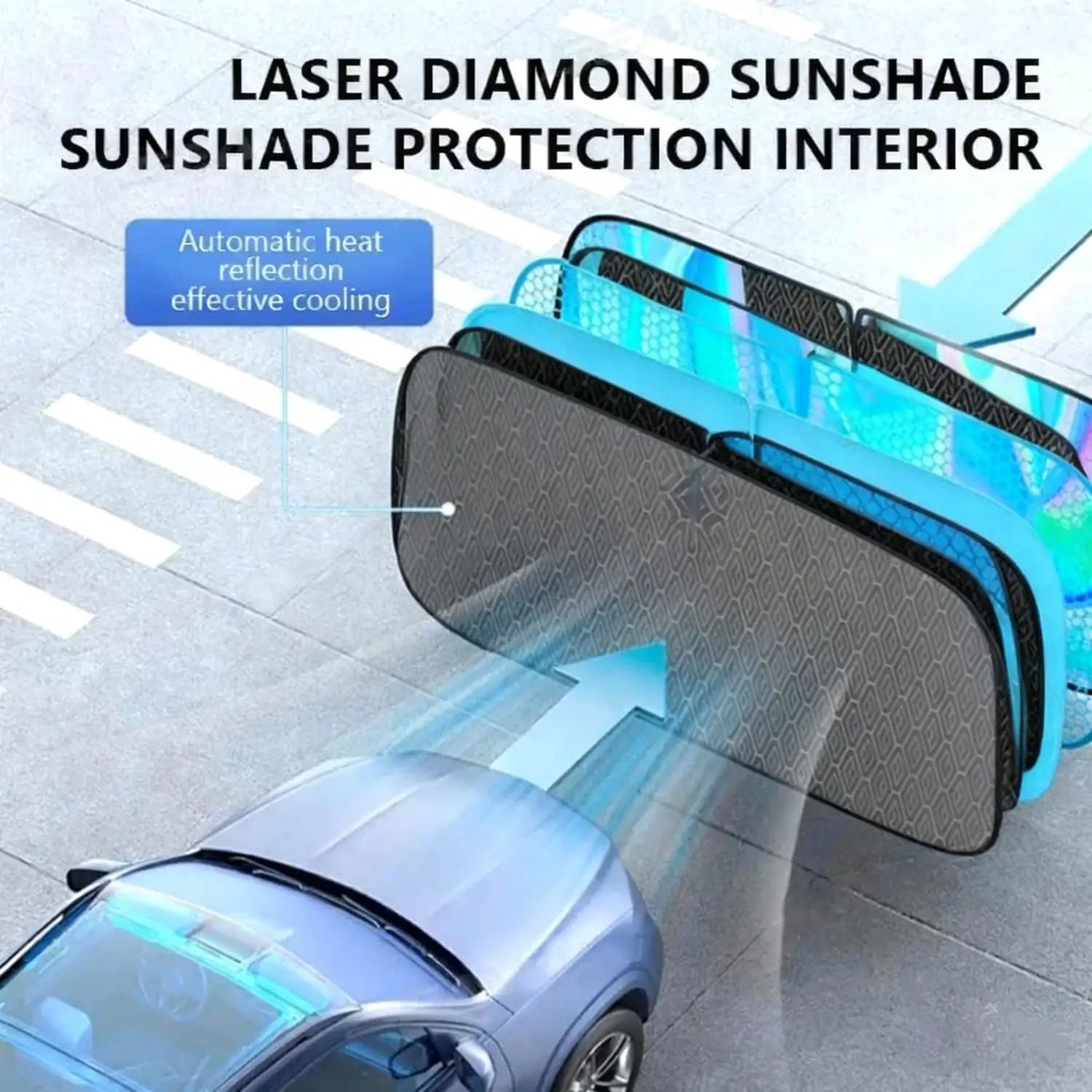 Car windshield sun shade with blue and black laser diamond exterior and textured interior for 5-layer UV protection and heat reflection foldable design.
