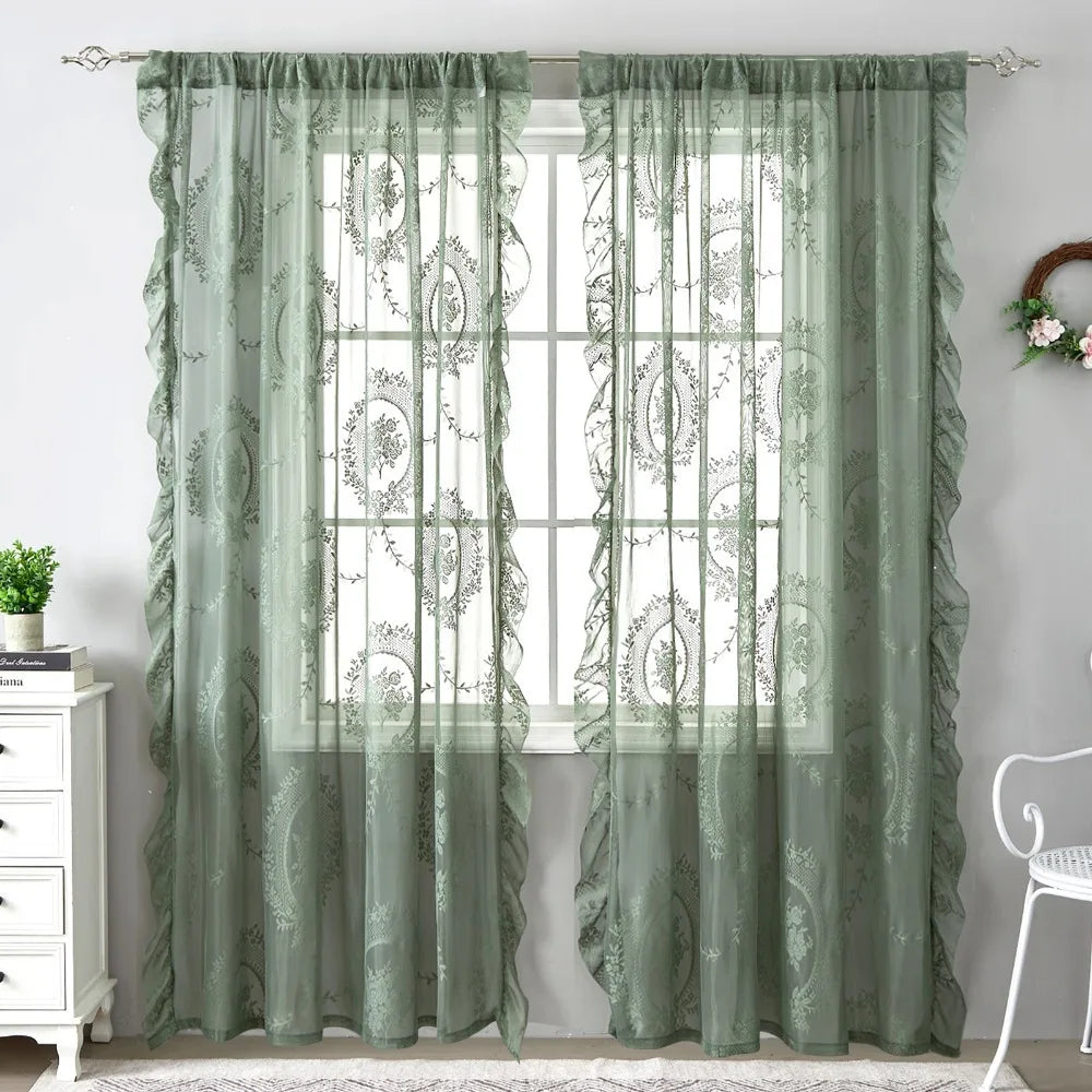 2 Pcs Home Decor Ruffled Edge French Lace Floral Curtain Retro Embroidered Gauze Curtain Rustic Voile Curtain Living Room