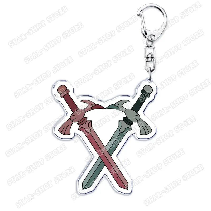 Clear acrylic Amphibia anime keychain featuring two crossed swords with red and green hilts.