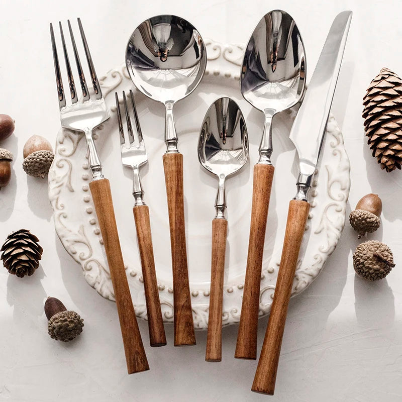 6Pcs 304 Stainless Steel Cutlery Set, Wooden Handle Dinner Fork Knife Spoon Flatware Dinnerware Tableware
