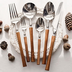 6Pcs 304 Stainless Steel Cutlery Set, Wooden Handle Dinner Fork Knife Spoon Flatware Dinnerware Tableware