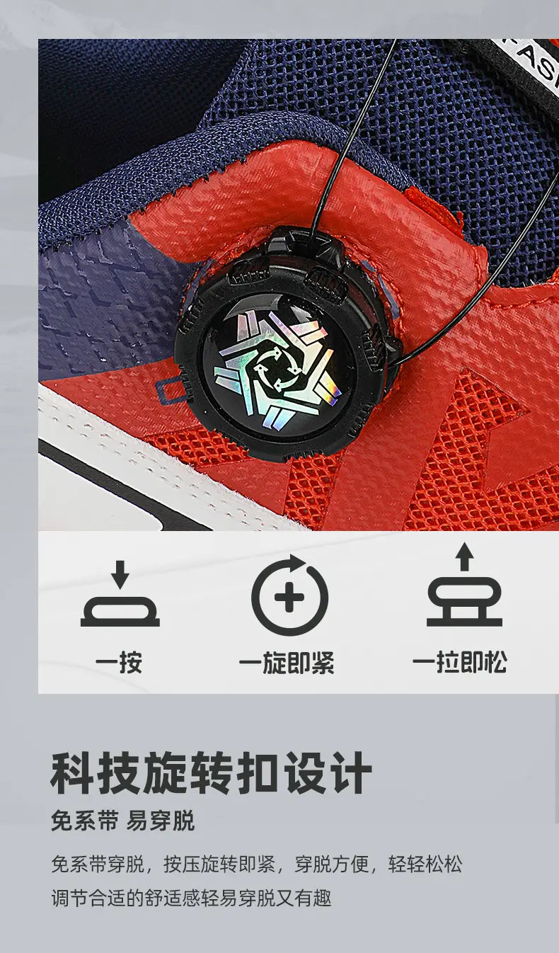 Men hiking shoes waterproof lightweight trekking sneakers in red and navy blue featuring a black circular rotating buckle with an iridescent design.