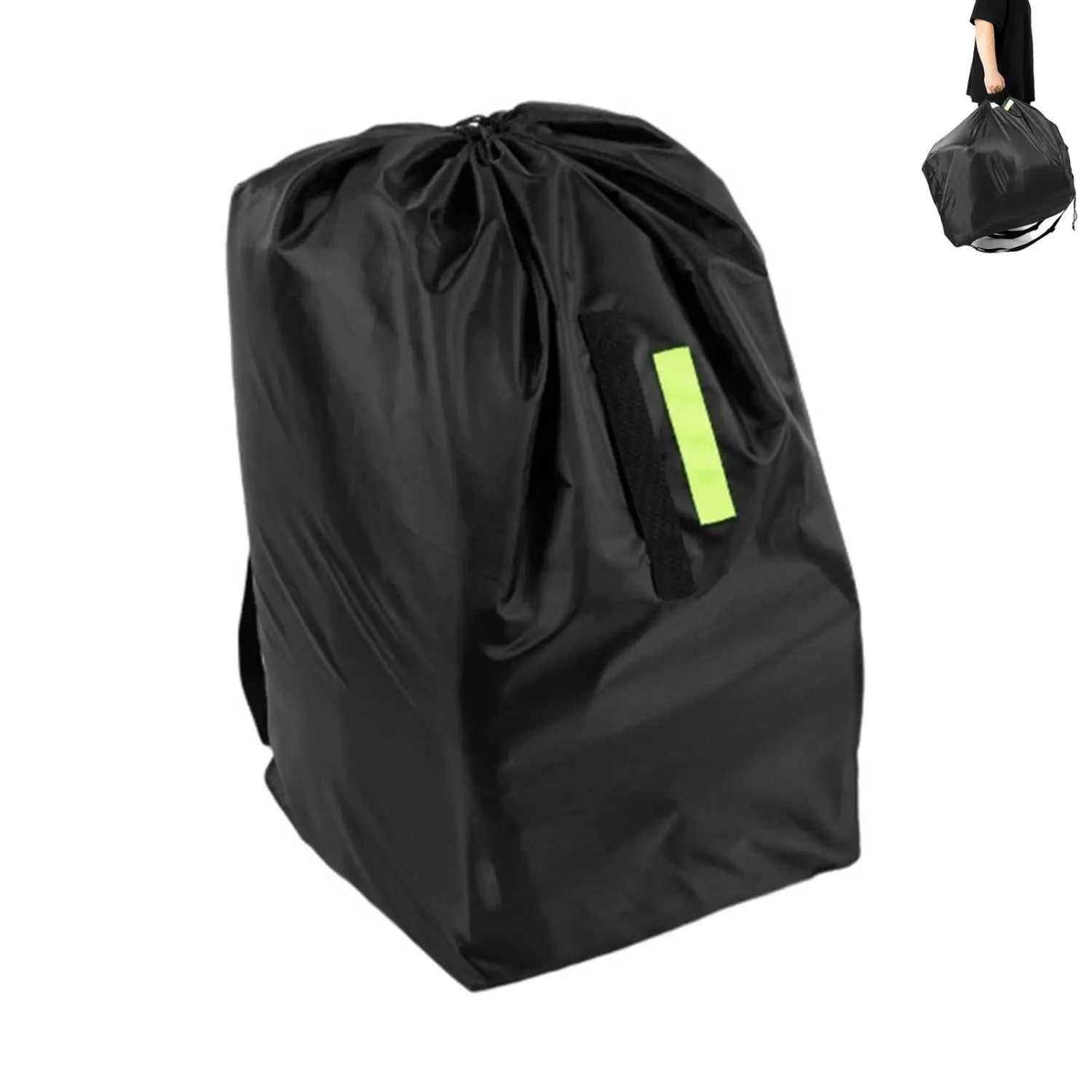 Schwarze Kordel-Kindersitz-Reise-Tasche aus wasserdachtem Material mit hellem Limettengrün reflektierendem Streifen an der Seite zur Aufbewahrung und zum Transport.