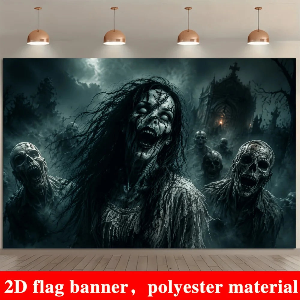 Halloween zombie-themed background, suitable for theme parties, escape room setups, studio decorations, and outdoor gatherings.