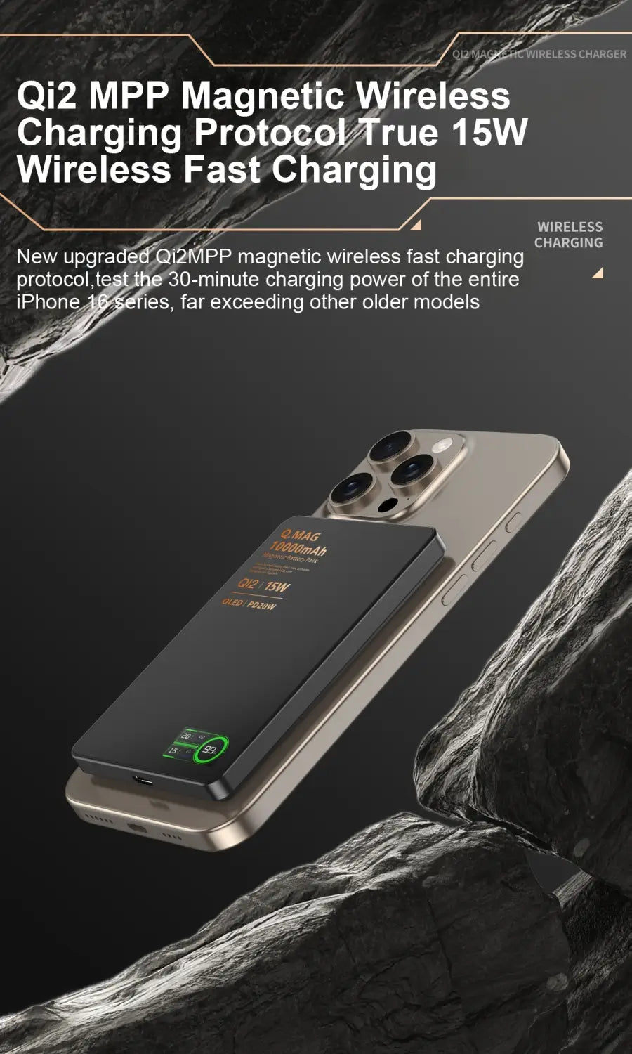 Schwarzes Qi2-MPP-Magnet-Wireless-Ladepad mit goldfarbenem Branding und Spezifikationen auf der Rückseite, ausgelegt zum Schnellladen von Geräten der iPhone-16-Serie in der Qi2 Magnetic Wireless Power Bank 10000mAh.