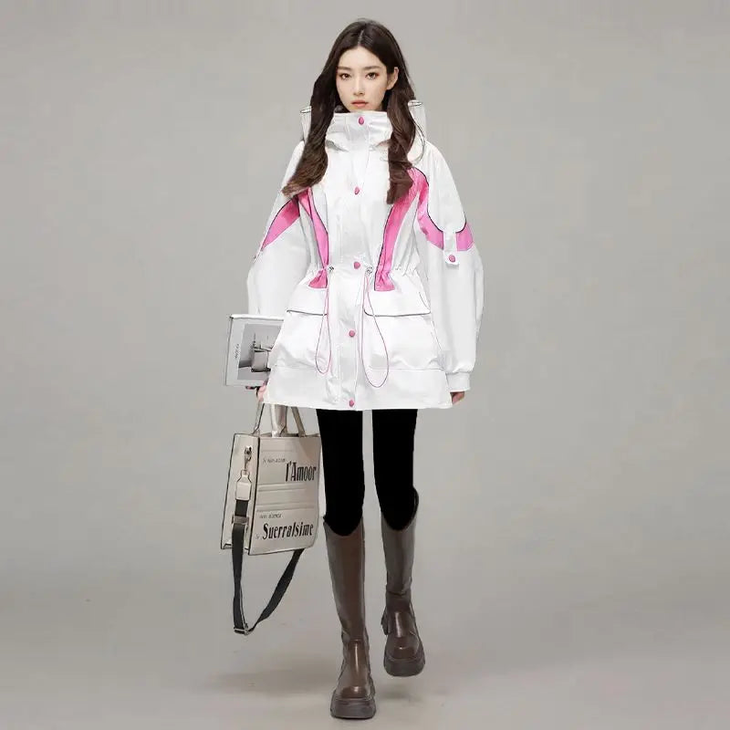 Women's Trench Coat Hooded Jacket Spring Autumn Patchwork Cargo Jacket New Loose Mid-length Drawstring Casual Windbreaker