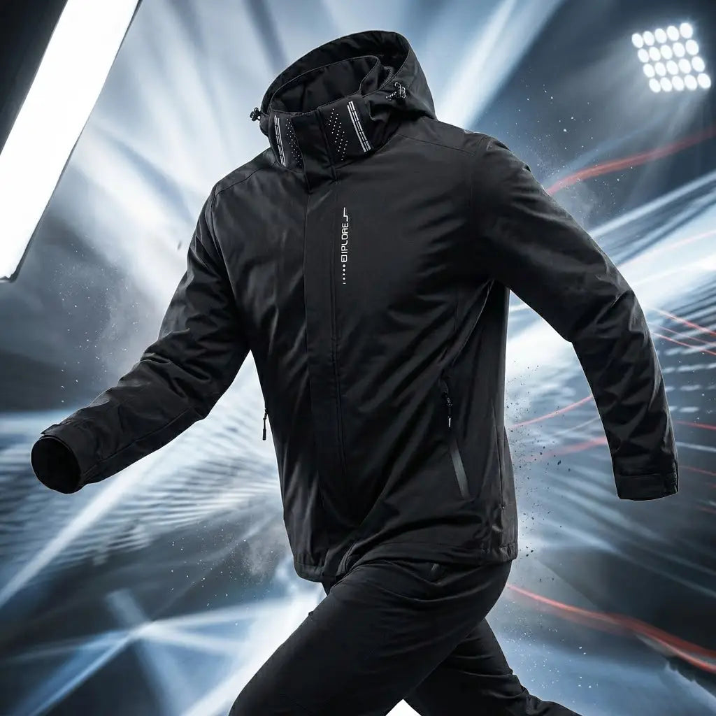 Men waterproof hiking jacket windbreaker outdoor hooded coat in black with waterproof material, zippered pockets, a hood, and subtle white branding on the chest.