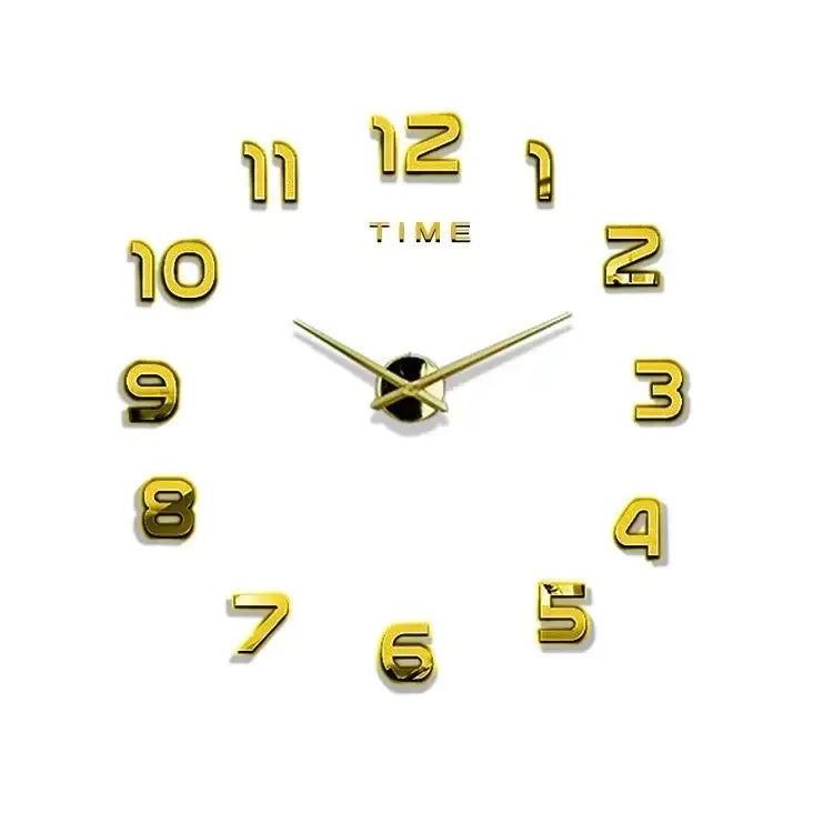 large 3d diy acrylic wall clock with a gold-colored 3d design featuring mirrored numbers and a sleek minimalist style.