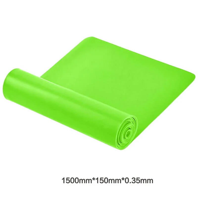 Bright green rubber exercise mat measuring 1500mm by 150mm designed for resistance workout bands and home fitness use.