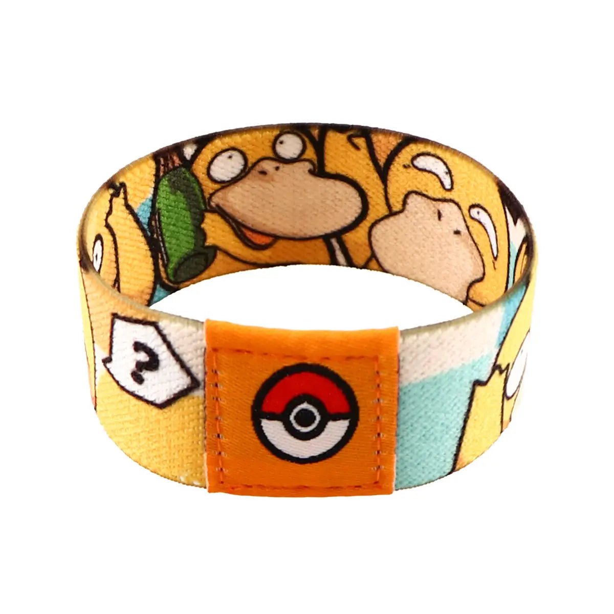 Yellow fabric stretch wristband bracelet featuring cartoon psyduck characters and an orange patch with the poké ball logo.