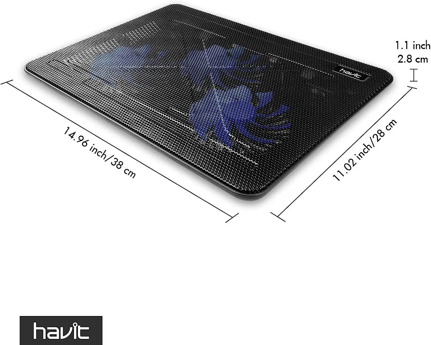 Black mesh laptop cooling pad with three quiet fans, blue floral design, and havit brand logo for 17 inch laptops.