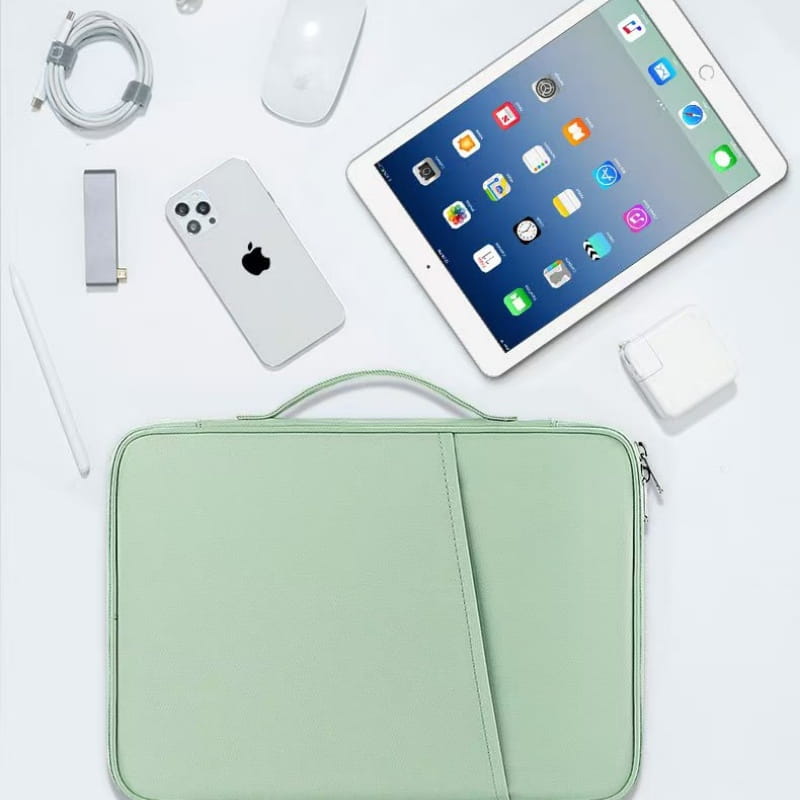Mint green padded nylon computer bag laptop sleeve with top handle and zipper closure for tablet protection.