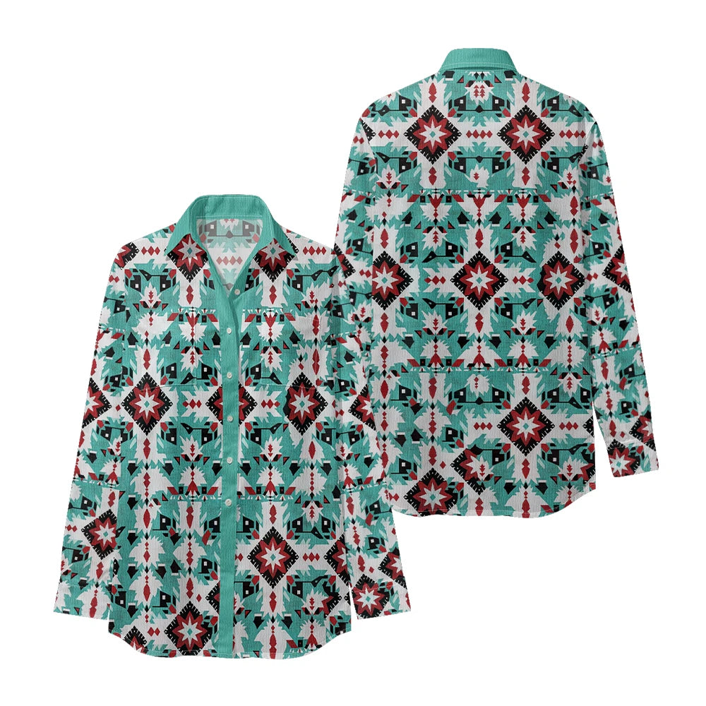 Ethnic-Inspired Long-Sleeve Women Shirt with Aztec Geometric Pattern Printed Front 2 Pockets Button-Up Retro Tribal Casual Style