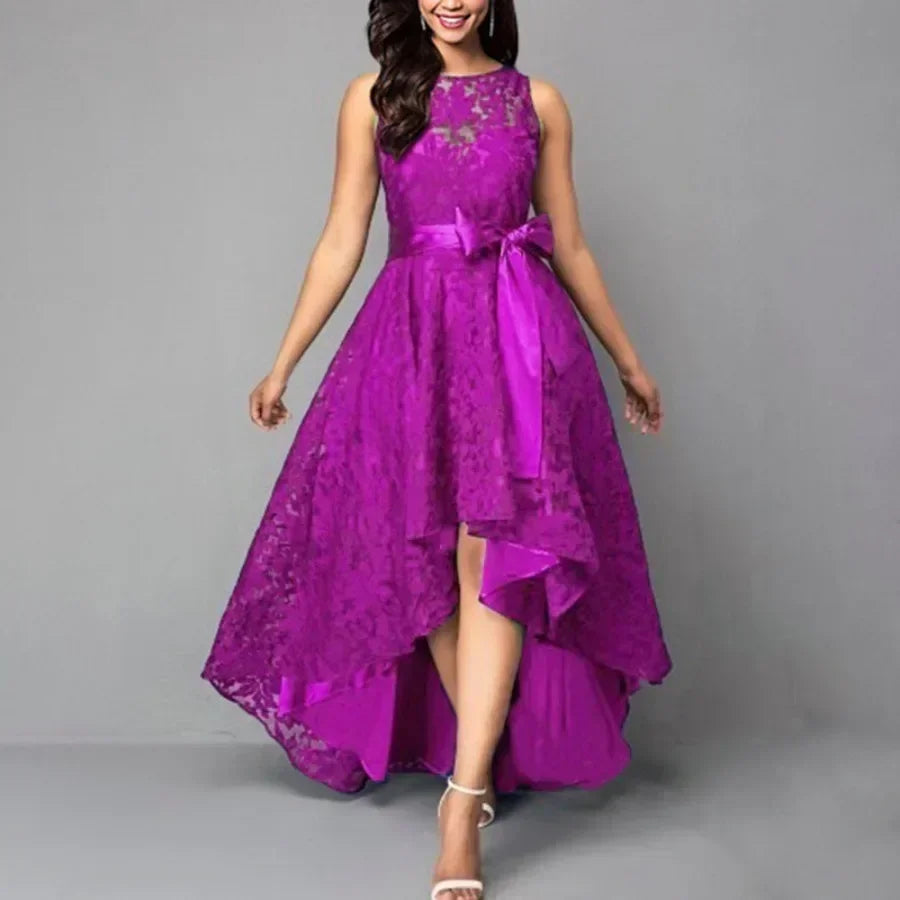 2026 Women's Wedding Bridesmaid Dress Elegant Lace Evening Sweet Party Dress Plus Size Slim High Waist Bow Maxi Dresses Female