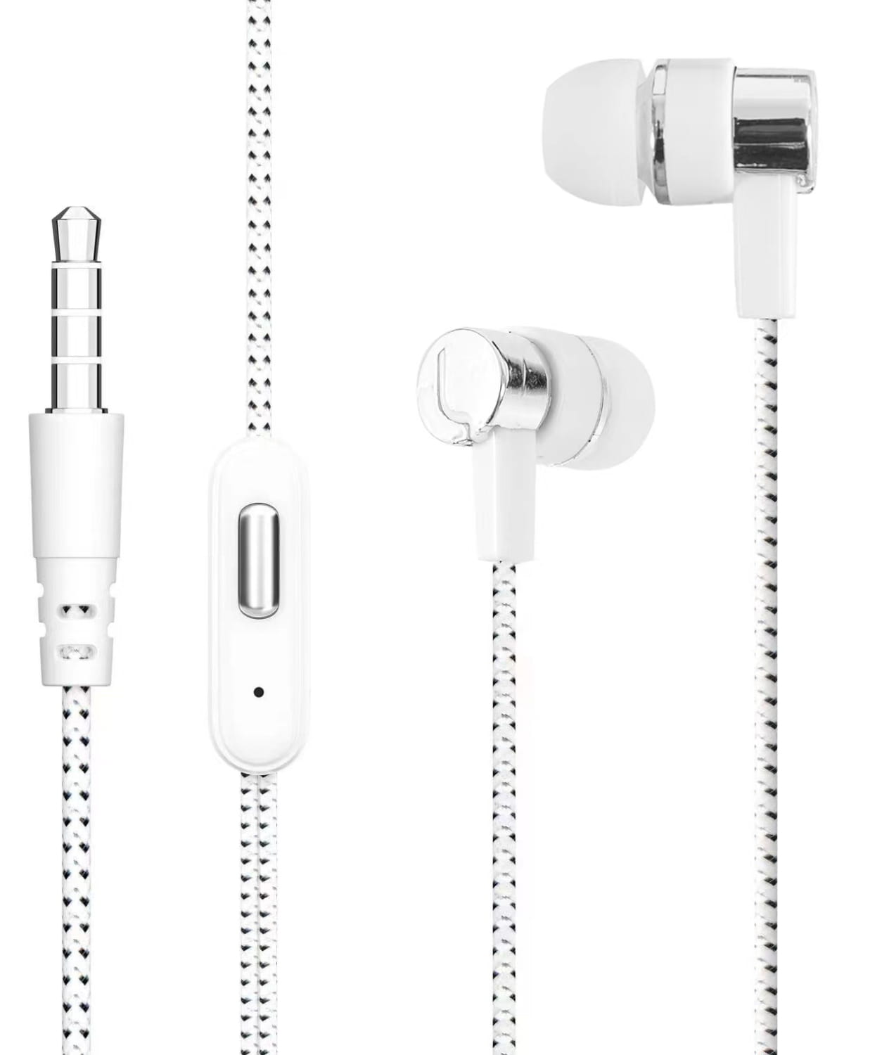White wired in-ear headphones with mic featuring silver metallic accents and a braided cable with an inline control module and 3.5mm connector.