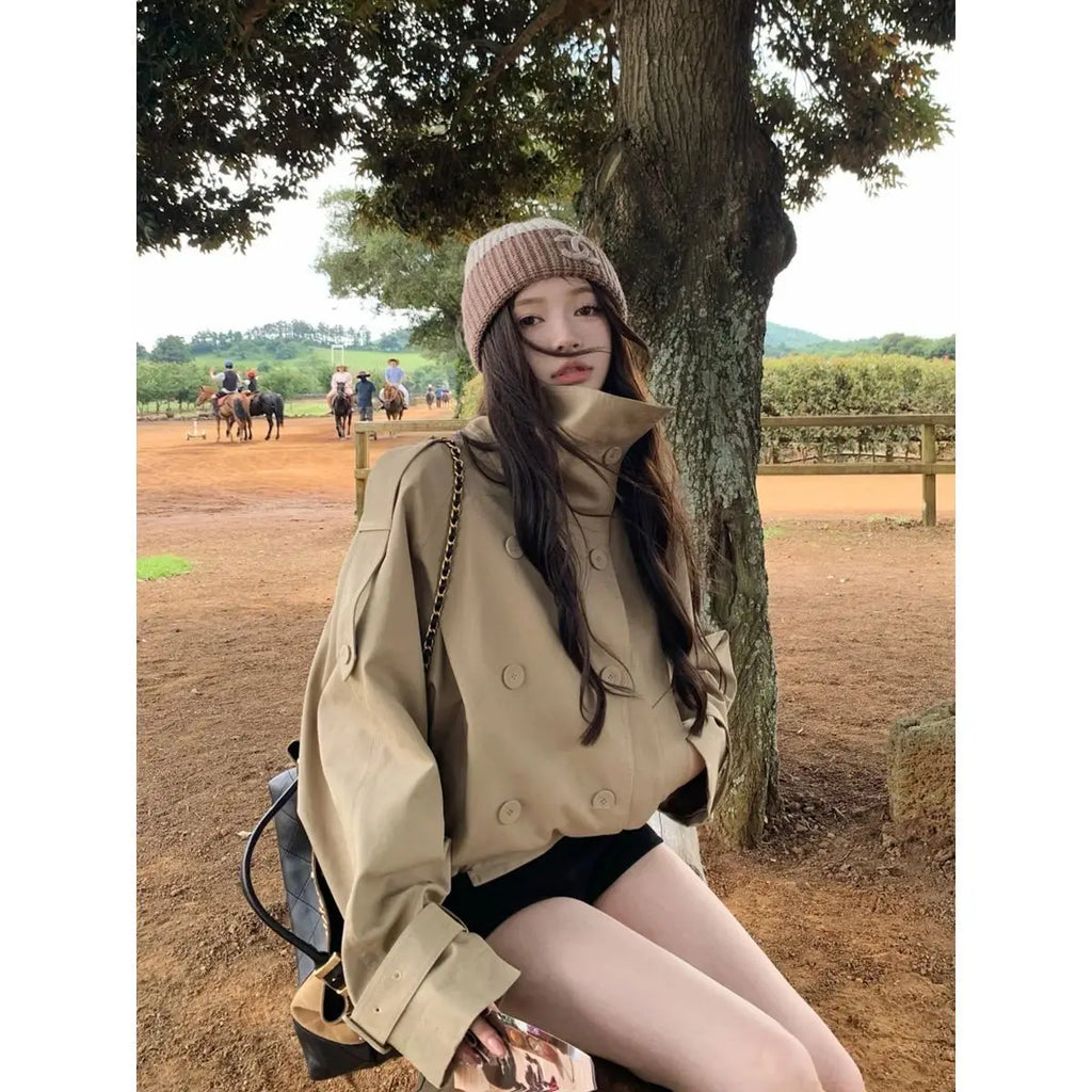 Women's 2025 Korean Style Relaxed Trench Coat Vintage Khaki Utility Jacket Spring Fall Casual Chic Versatile Outerwear