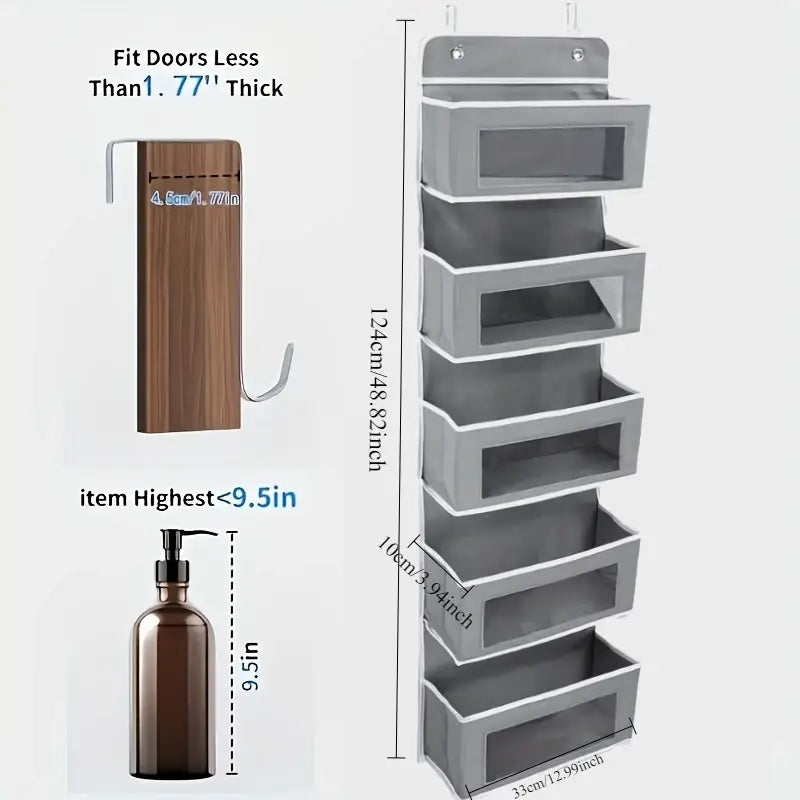 Gray over door hanging storage organizer made of fabric with five tiered pockets and a hanging hook for space-saving organization.