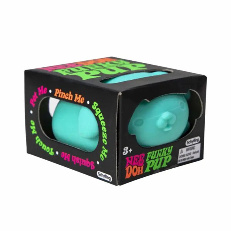 teal-colored squishy funky doh pup stress ball with a cute bear face design shown from the front as a sensory fidget toy.