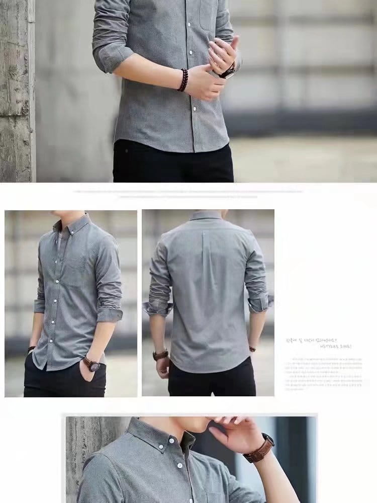 Men’s durable casual long sleeve work shirt in gray with subtle texture and rolled sleeves.