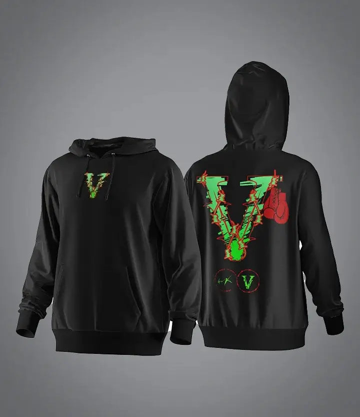 black oversized hoodie featuring a vibrant green and red v graphic prominently displayed on both front and back for streetwear pullover use, back side shown.