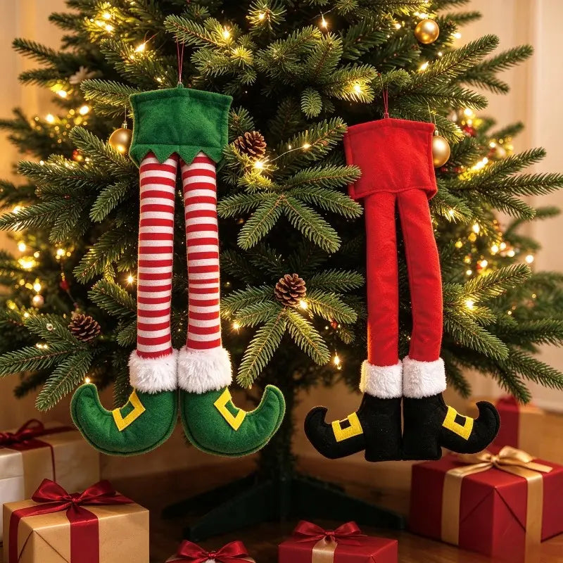 New Christmas Door Decoration With Bow Christmas Tree Santa Claus And Elf Leg Ornament Holiday Home Scene Decor