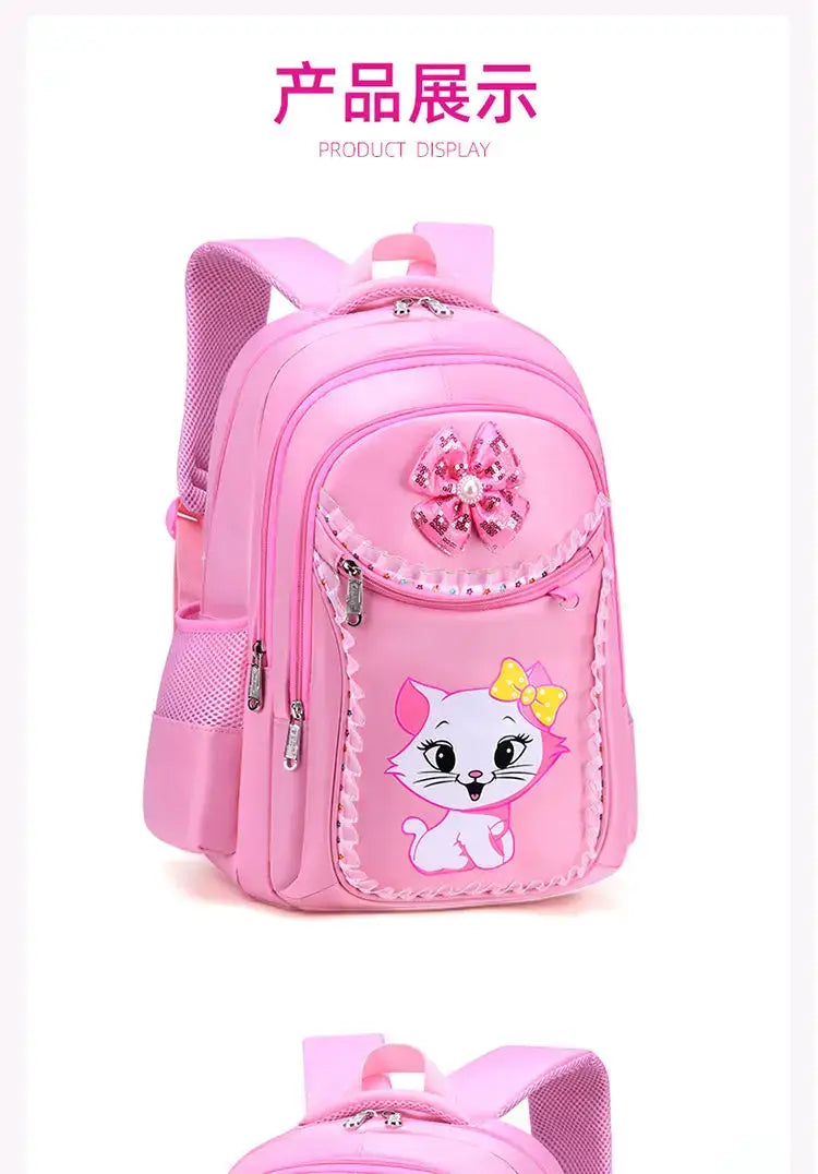 Rosa Katzen-Schulrucksack-Set für Mädchen mit einem rosa Rucksack mit Cartoon-Katzendesign, einer gelben Schleife und verziert mit einem funkelnden Blumen-Accessoire.