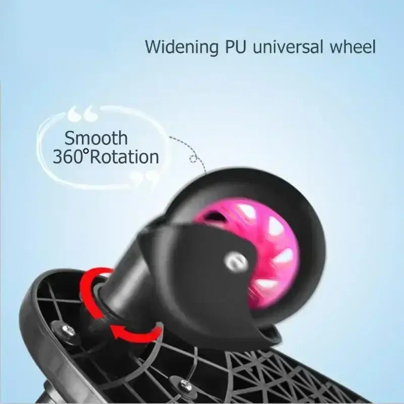 Breites universelles PU-Rad in Schwarz mit kräftigem rosa Innenring und glattem 360-Grad-Drehdesign am Kinderwagen-Fahrbrett mit abnehmbarem Sitz und Plattform