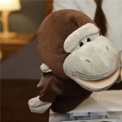 A plush brown monkey hand finger puppet with a gray face and white accents featured in educational baby toys including lion elephant bunny characters.